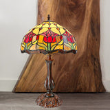Tiffany Bronze Nightstand Lamp With Flower Pattern - Cut Glass Dome Shade 1 Light Night Table