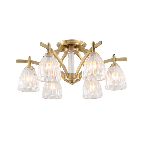 Vintage Clear Glass Cone Semi Flush Lamp With 6 Bulbs - Brass Ceiling Fixture For Dining Room