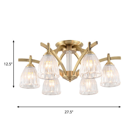 Vintage Clear Glass Cone Semi Flush Lamp With 6 Bulbs - Brass Ceiling Fixture For Dining Room