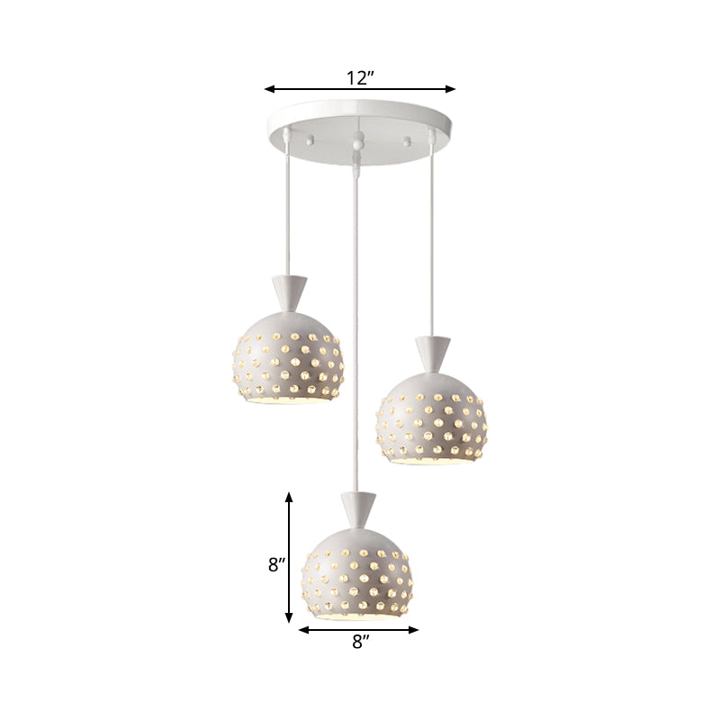 White Domed Multi-Pendant Iron Ceiling Lamp With Crystal Bead Design - Modernist 3-Light Fixture For