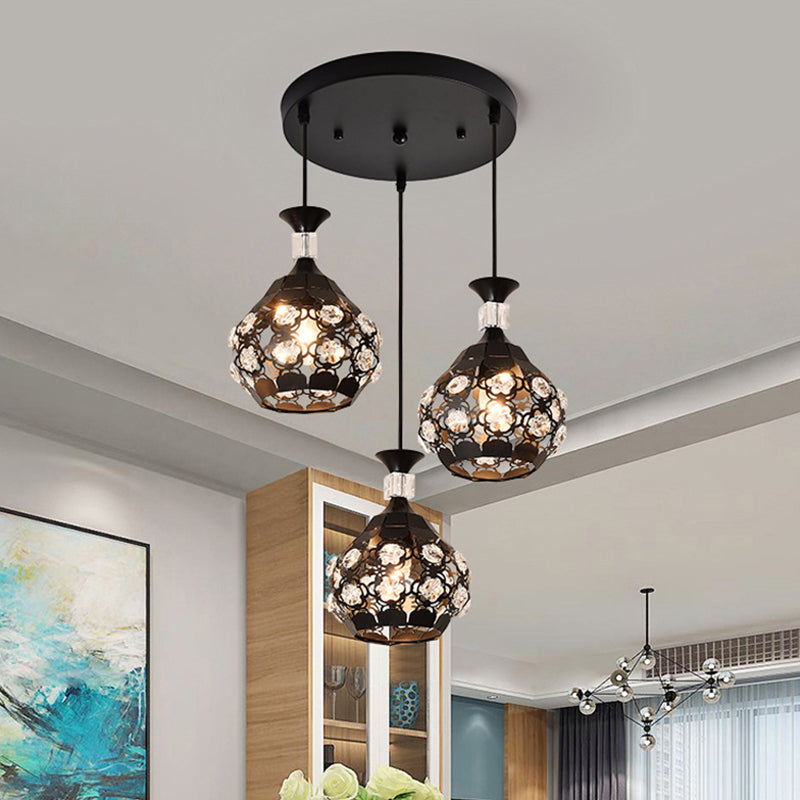 Modern Black Crystal Suspension Lamp - Hollow Out Floret Design 3 Lights