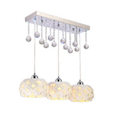 White Drum Hanging Pendant Light With Crystal Ball Accent - 3-Bulb Metal Ceiling Lamp