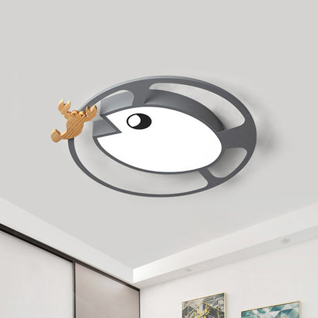 Kids Circular Acrylic Ceiling Light: Grey/White/Green Led Flush Mount Lamp With Wood Shrimp Decor
