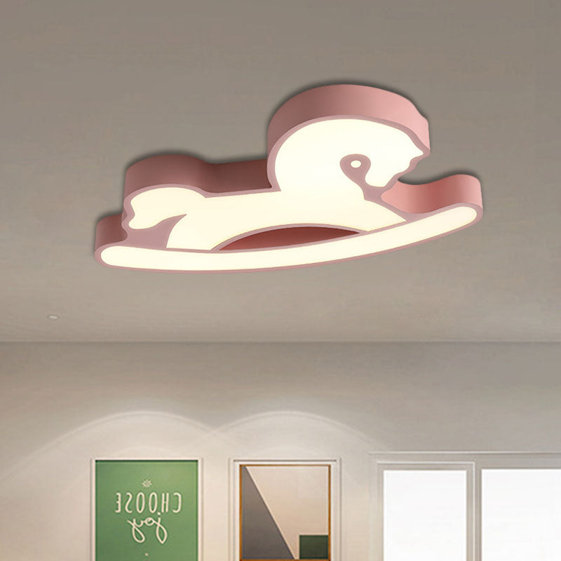 Nordic Acrylic Led Flush Ceiling Light For Childrens Bedroom - Pink/Blue Horse Design