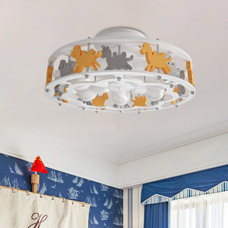 Nordic Drum Semi Flush Iron Nursery Light With Camel Design - White