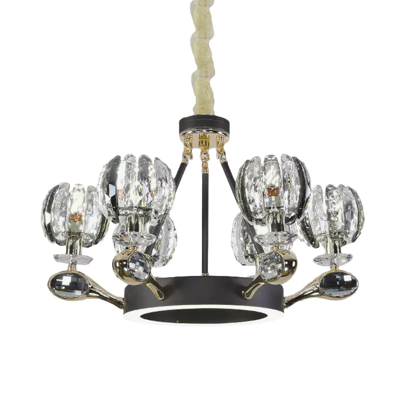 Modernist Crystal Suspension Light: 6-Headed Bud-Shaped Black Chandelier