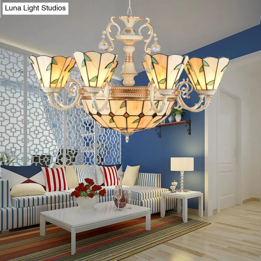 9/11 Lights Stained Glass Indoor Pendant Light: Cone And Dome Shade Rustic Beige Chandelier