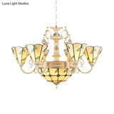 9/11 Lights Stained Glass Indoor Pendant Light: Cone And Dome Shade Rustic Beige Chandelier