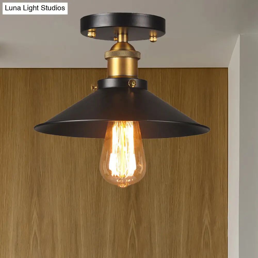 9.5’-10’ Dia Flat Shade Ceiling Mounted Light: Industrial Metallic Single Head Flush Light In Black