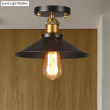 9.5’-10’ Dia Flat Shade Ceiling Mounted Light: Industrial Metallic Single Head Flush Light In Black