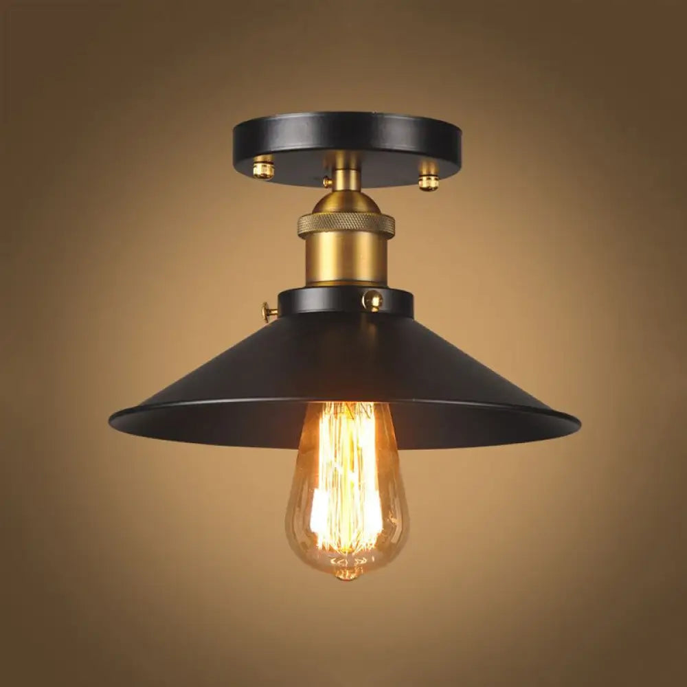9.5-10 Dia Flat Shade Ceiling Mounted Light: Industrial Metallic Single Head Flush Light In Black