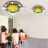 Smiling Sun Flush Ceiling Light In Yellow For Game Room - Cartoon Design Wood Finish