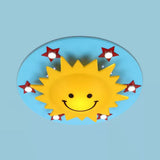 Smiling Sun Flush Ceiling Light In Yellow For Game Room - Cartoon Design Wood Finish