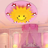 Smiling Sun Flush Ceiling Light In Yellow For Game Room - Cartoon Design Wood Finish
