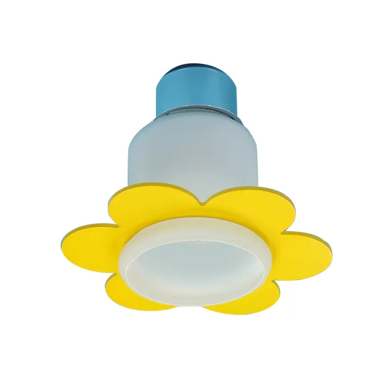 Blue Blossom Ceiling Mount Light With Hanging Butterfly: 7-Head Wood Lamp For Child Bedroom