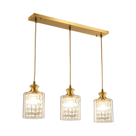 Modernist Gold Pendant Lamp With Faceted Crystal And Clear Glass Shade - 3 Heads