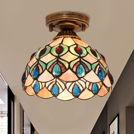 Tiffany Single-Bulb Shell Bowl Ceiling Lamp - Handmade Blue/Light Blue/Beige Flush Mount With