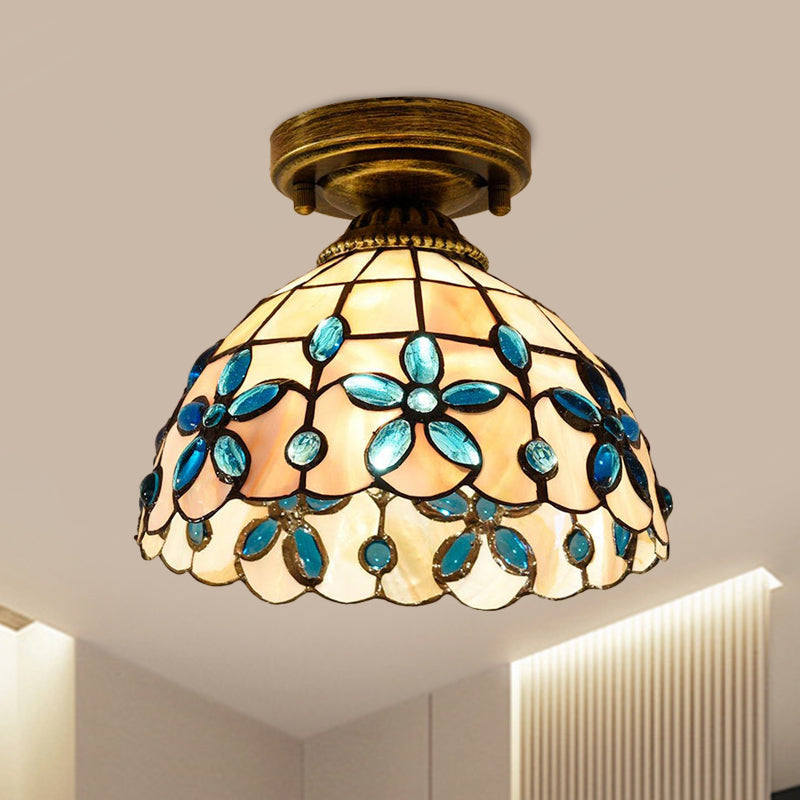 Tiffany Single-Bulb Shell Bowl Ceiling Lamp - Handmade Blue/Light Blue/Beige Flush Mount With