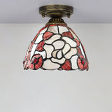 Tiffany Floral Bell Ceiling Light Fixture In Beige/Red-White/Pink For Living Room