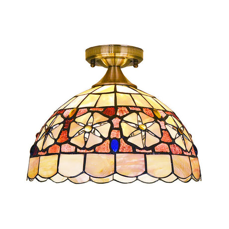 Tiffany Style Bowl Shell Ceiling Lamp - Handcrafted Brass Flush Mount