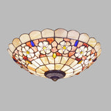 Tiffany Bowl Shell Ceiling Lamp With Blossom Pattern - 12/21 Dia 3/4-Light Flush Mount Beige