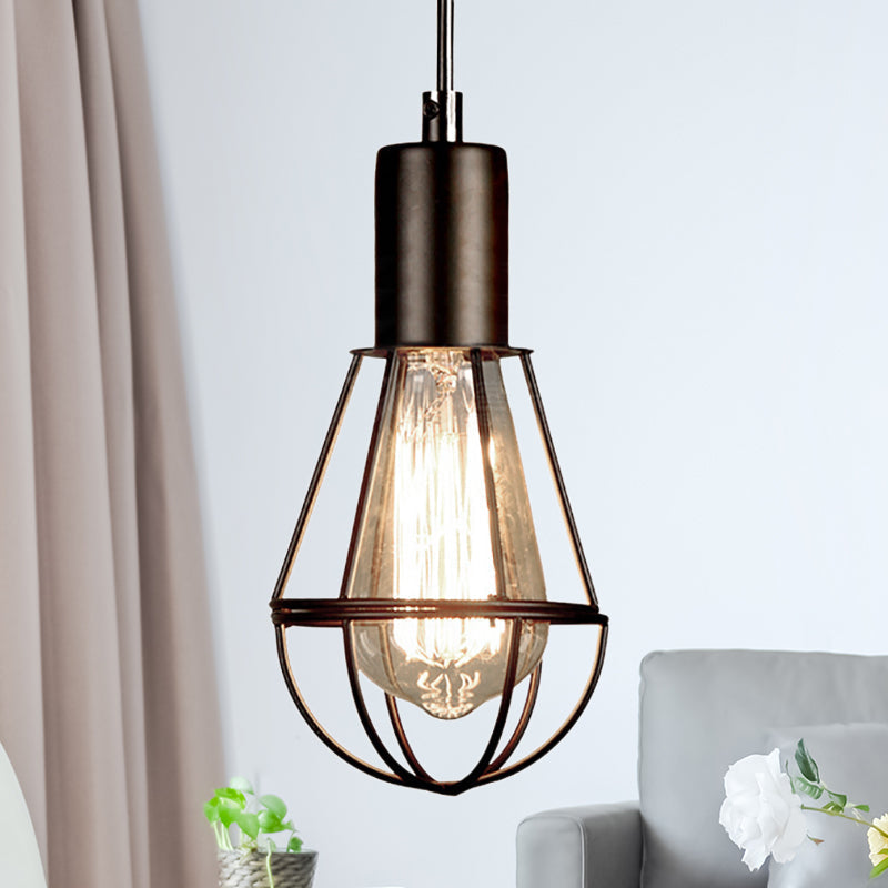 Vintage Industrial Cage Pendant Light - Small Black Metal Hanging Lamp For Living Room