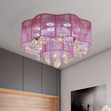 Led Flower Ceiling Light With Crystal Drops - Gold/Pink Modern 2-Layer Fabric Mount