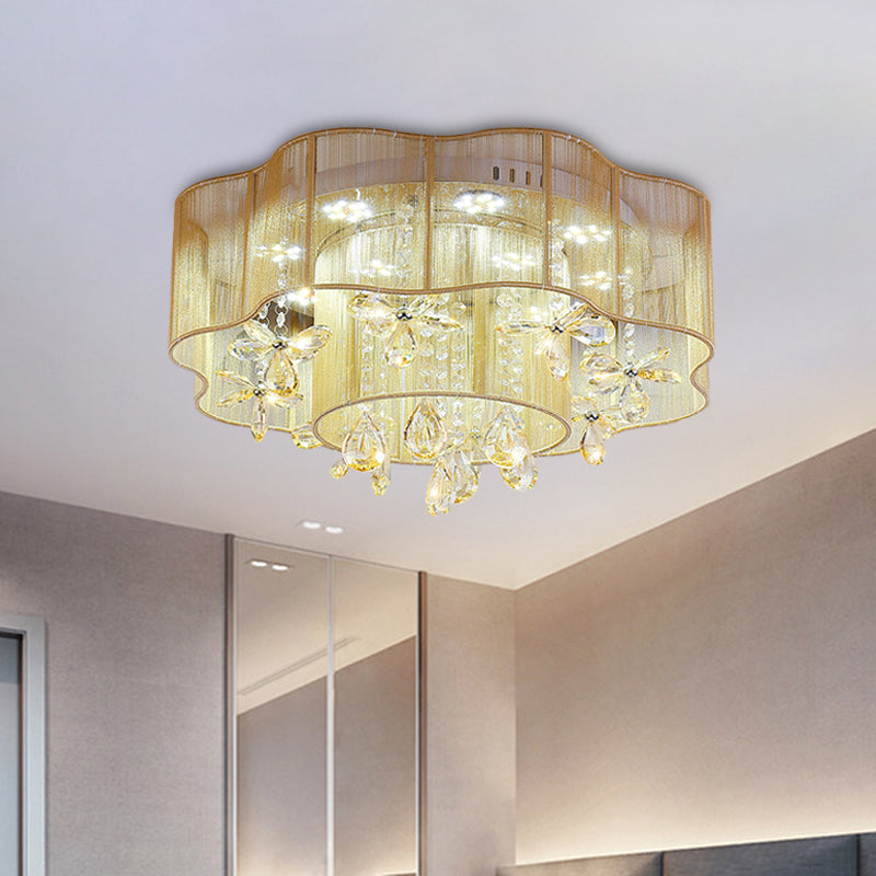 Led Flower Ceiling Light With Crystal Drops - Gold/Pink Modern 2-Layer Fabric Mount