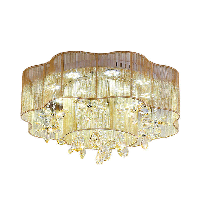 Led Flower Ceiling Light With Crystal Drops - Gold/Pink Modern 2-Layer Fabric Mount