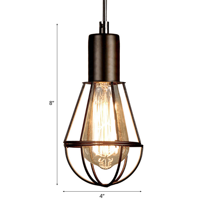Vintage Industrial Cage Pendant Light - Small Black Metal Hanging Lamp For Living Room