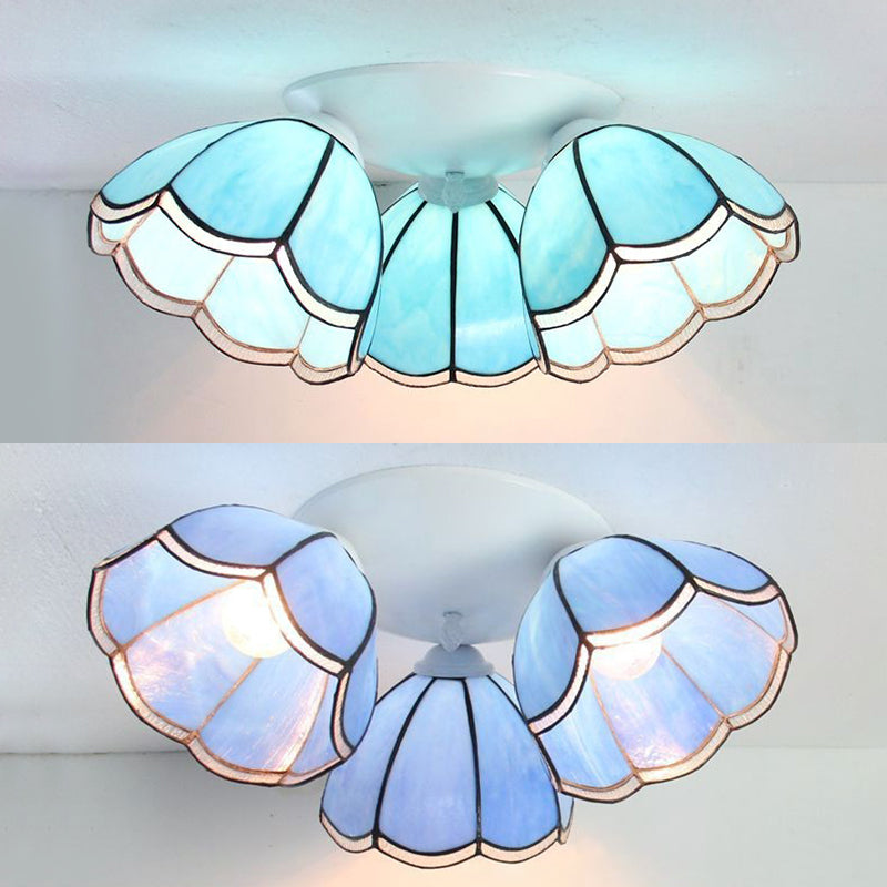 Vintage Stained Glass Ceiling Light Fixture - 3-Light Industrial Domed Design In Blue Tones Indoor