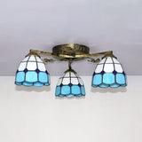 Country Style 3-Light Stained Glass Ceiling Light With Scalloped Edges In Blue And Clear