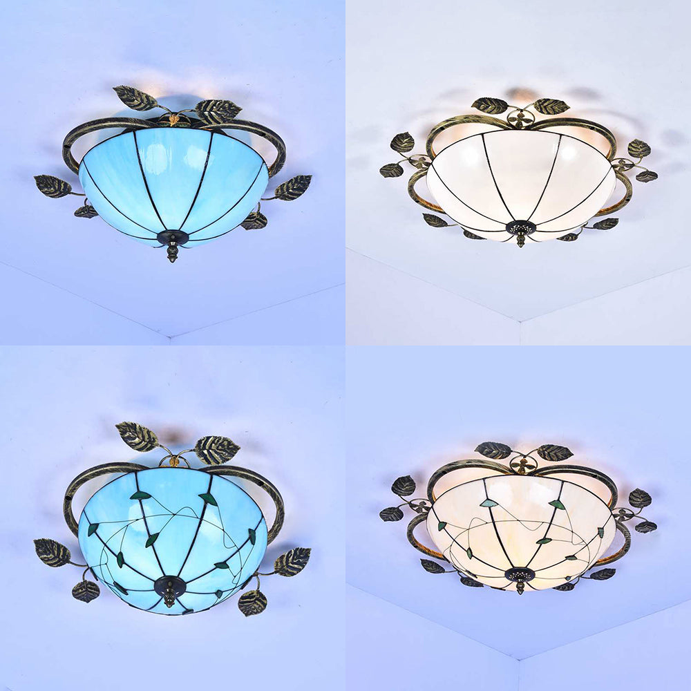 Retro Style Stained Glass Ceiling Light Fixture - Bowl-Shaped 3 Bulbs Flushmount