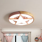 Round Metal Led Macaron Flush Mount Ceiling Light In White/Pink/Blue And Wood For Star-Themed