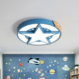 Round Metal Led Macaron Flush Mount Ceiling Light In White/Pink/Blue And Wood For Star-Themed