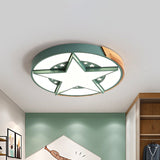 Round Metal Led Macaron Flush Mount Ceiling Light In White/Pink/Blue And Wood For Star-Themed