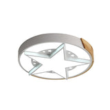 Round Metal Led Macaron Flush Mount Ceiling Light In White/Pink/Blue And Wood For Star-Themed