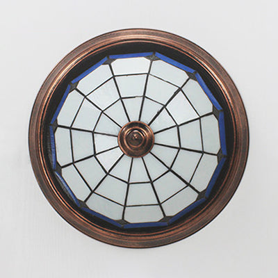 Lodge Stained Glass Bowl Ceiling Light Fixture - 1 Bulb Flushmount In Blue & White