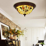 Vintage Beige Stained Glass Flushmount Ceiling Light With Flower Pattern - 1 Bulb