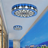 Blue Rustic Stained Glass Flushmount Ceiling Light - Round Design For Bedroom