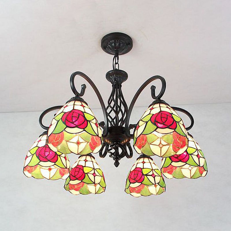 Red Rose Lodge Style Chandelier Light With Glass Pendant - 6 Lights For Stairway