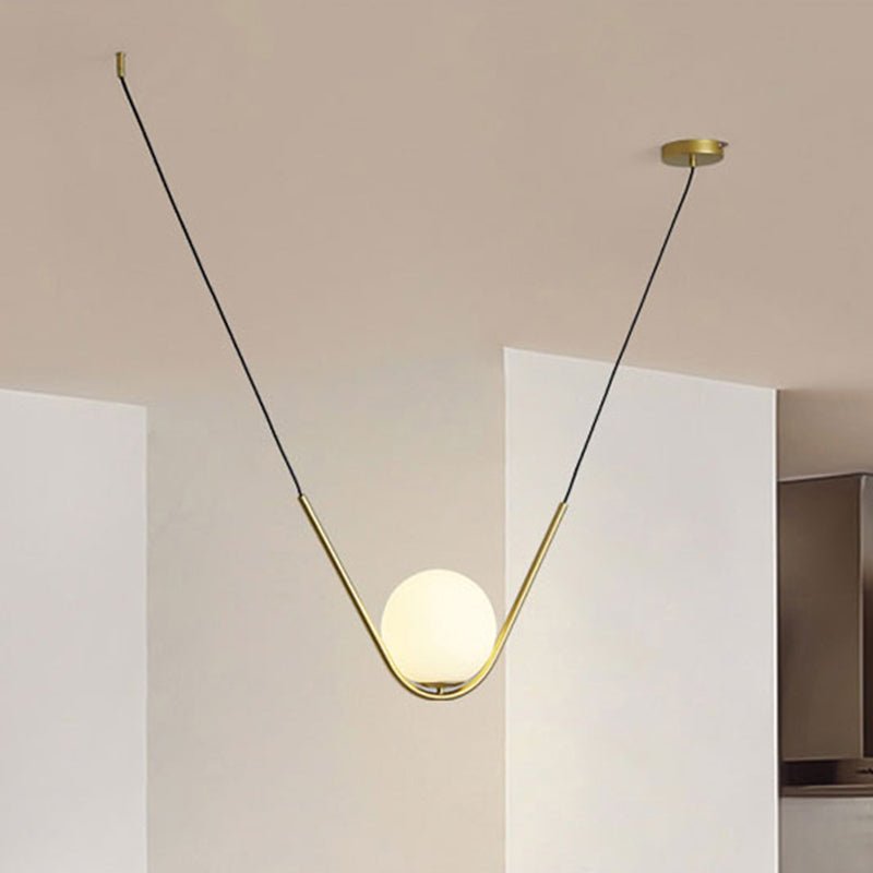 Modern Gold Glass Pendant Light With Led And V-Shaped Rod For Dining Room