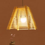 Trapezoid Bamboo Pendant Light With White Glass Shade - Modern Natural Wood Ceiling Fixture