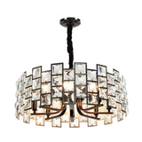 Modern Round Pendant Lighting With 8 Crystal Block Embedded Lights - Black Chandelier Lamp