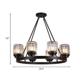Vintage Black Wagon Wheel Iron Chandelier - 8-Head Pendant With Crystal Shade