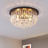 Contemporary Black Crystal Cascade Ceiling Light For Bedroom - 9-Light Flush Mounted Fixture