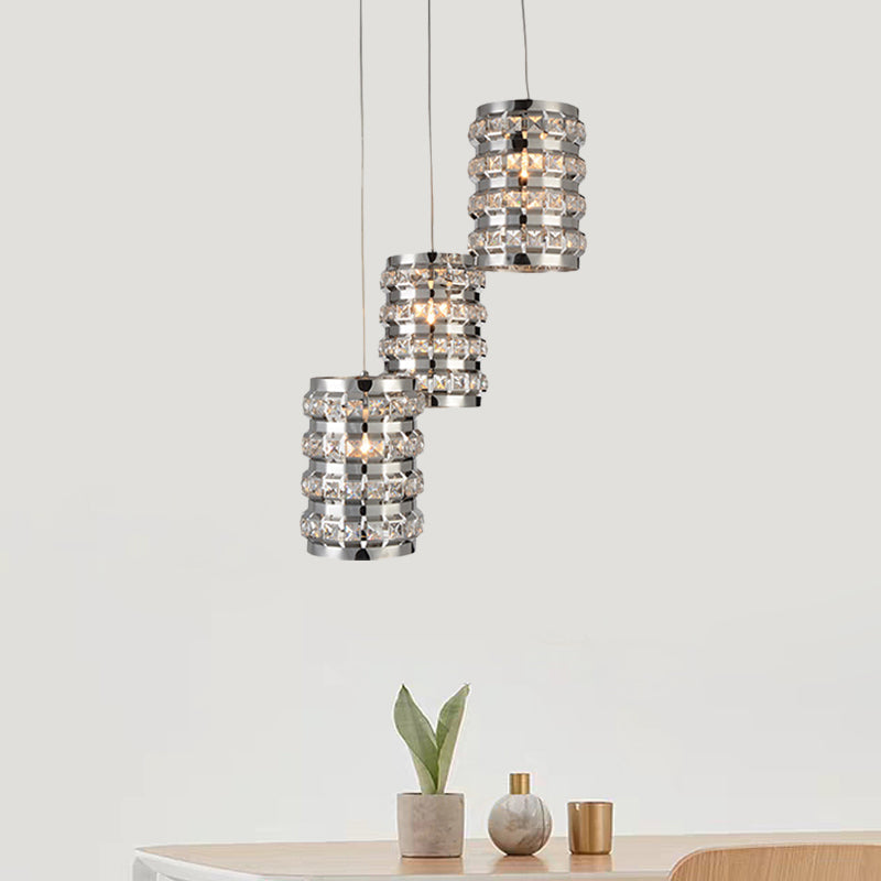 Contemporary Chrome Multi-Light Pendant - Cylinder Crystal 3 Lights Ceiling Suspension Lamp