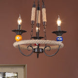 Industrial Metal Chandelier With Roped Ring Bar And Billiard Ball Décor - 3/6 Lights Rust Hanging