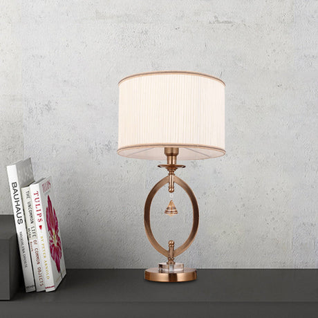 Minimal White Crystal Bedroom Table Lamp With Fabric Drum Shade Brass