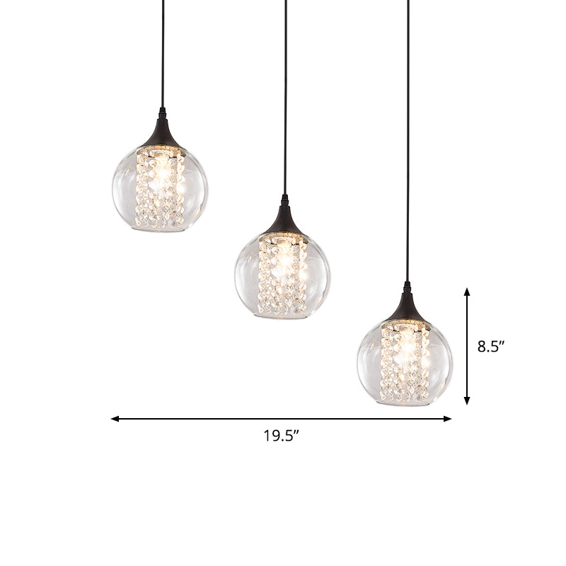 Modern Clear Glass Globe Multilight Ceiling Pendant With 3 Bulbs In Black For Dining Room